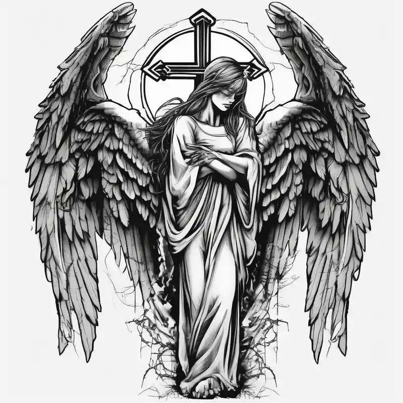 blackwork style Cross Behind Ear Tattoo Black Male Ideas in 2025 & free generation about Angel hold headstone in hands with a cross chain hanging down with large wings three-crosses and Angel hold headstone in hands with a cross chain hanging down with large wings three-crosses