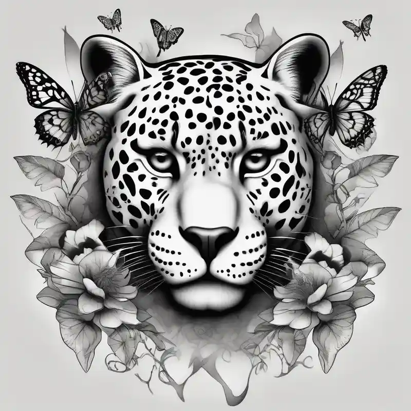 black and white style 2025年の感動的な新しいタトゥーアイデア about head of 3 jaguars (1 mother and 2 cubs) surrounded by butterflies and hummingbirds in new old school style touching-new and head of 3 jaguars (1 mother and 2 cubs) surrounded by butterflies and hummingbirds in new old school style touching-new