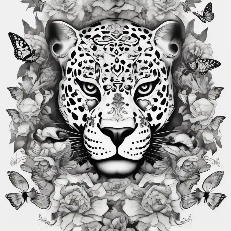 surreal style Touching New Tattoo Ideas in 2025 about head of 3 jaguars (1 mother and 2 cubs) surrounded by butterflies and hummingbirds in new old school style touching-new and head of 3 jaguars (1 mother and 2 cubs) surrounded by butterflies and hummingbirds in new old school style touching-new