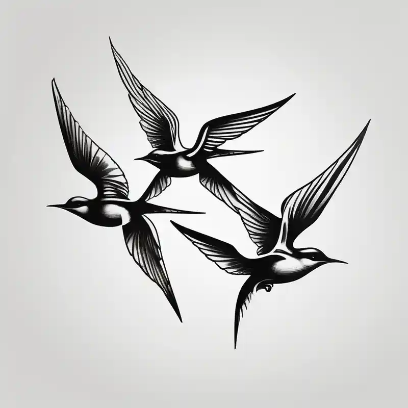 realistic style Ideas de tatuajes de golondrina en 2025 about Design a forearm tattoo featuring a minimalist swallows in flight and symbolizing freedom and new beginnings touching-new