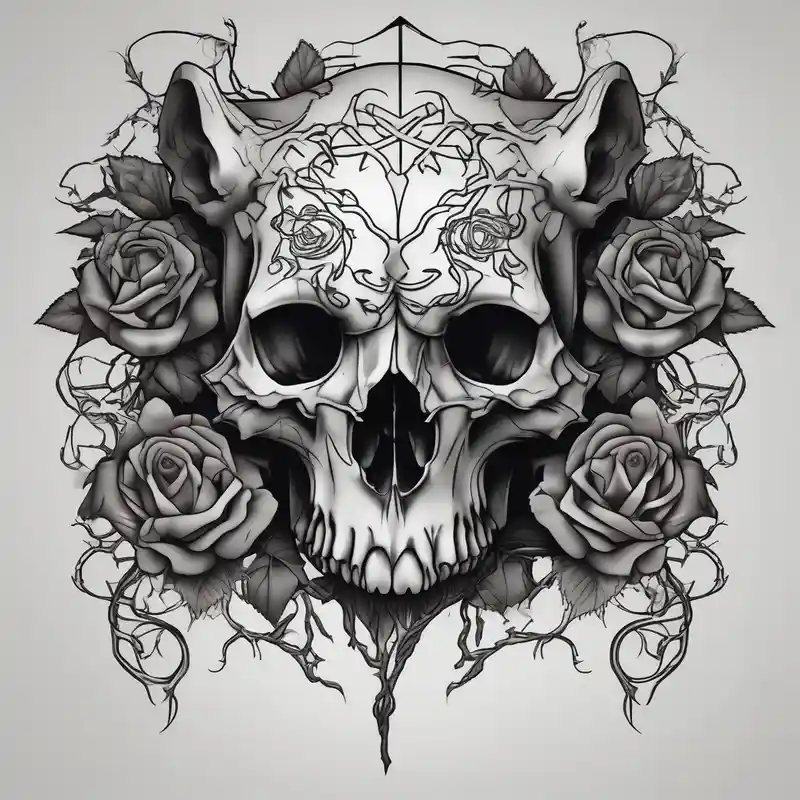 black and white style Traditional Rose Tattoo Ideas in 2025 about gothic bear skull intertwined with climbing roses and thorny vines traditional-rose and gothic bear skull intertwined with climbing roses and thorny vines traditional-rose