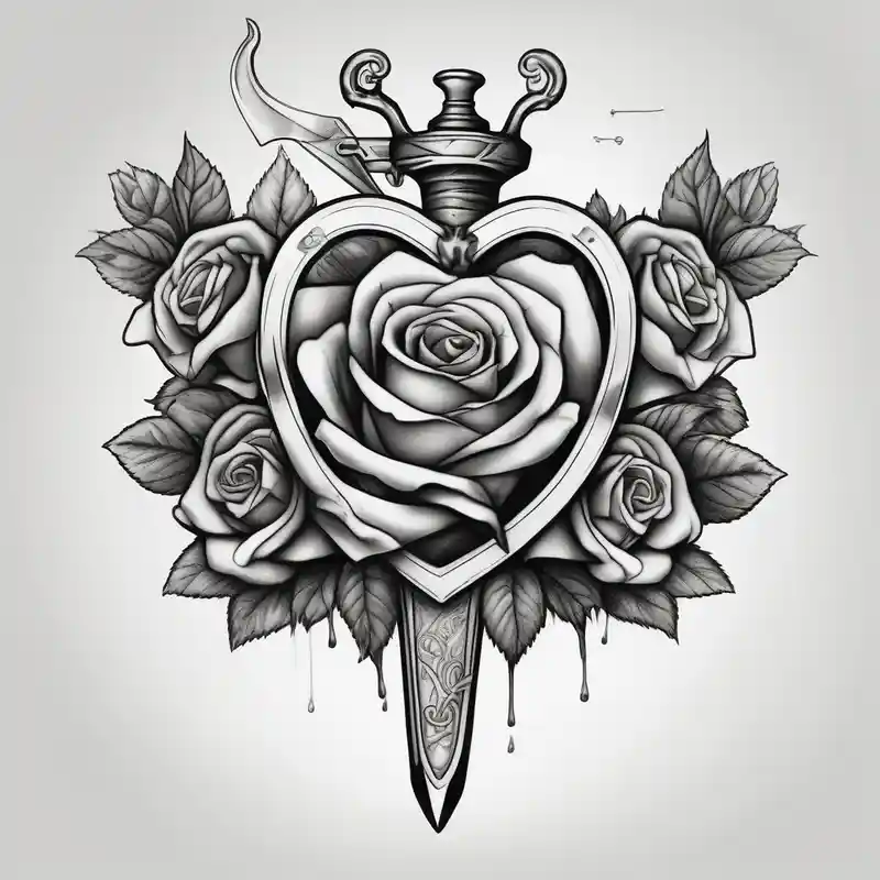 realistic style Roses Tattoo Ideas in 2025 about dagger piercing a heart with roses traditional-rose and dagger piercing a heart with roses traditional-rose