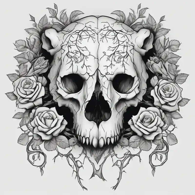 sketch style Ideas de tatuajes de rosas tradicionales en 2025 about bear skull intertwined with climbing roses and thorny vines traditional-rose and bear skull intertwined with climbing roses and thorny vines traditional-rose