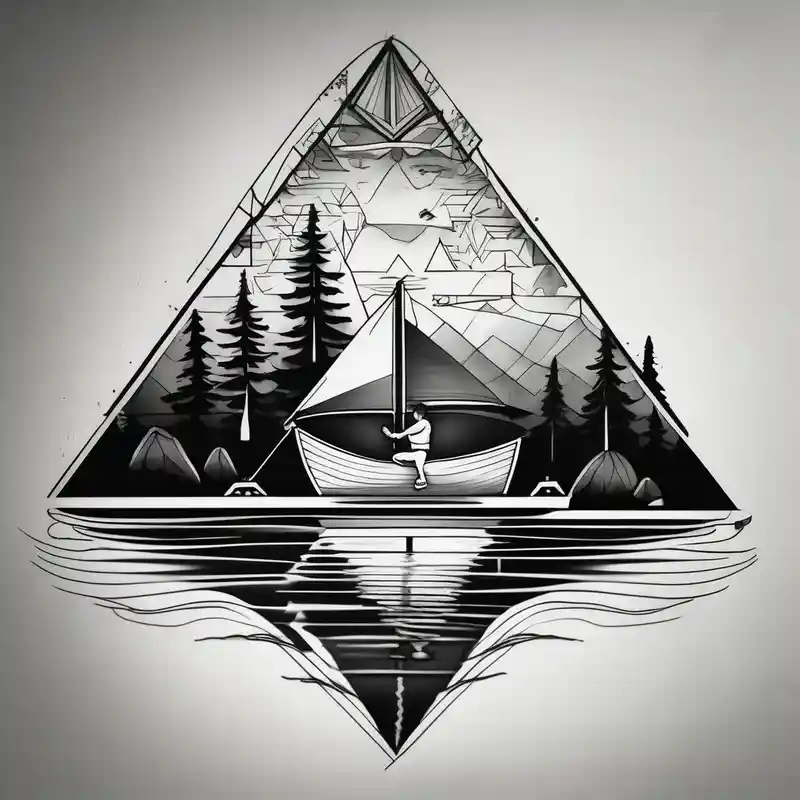 geometric style Ideas de tatuajes de pesca en 2025 about Triangular forearm tattoo set on a lake. At the bottom of the triangle there is a boat dock with a little boy fishing and a little girl reading. There are trees surrounding the lake. and Triangular forearm tattoo set on a lake. At the bottom of the triangle there is a boat dock with a little boy fishing and a little girl reading. There are trees surrounding the lake.