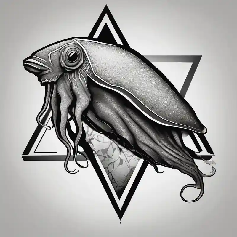 black and white style Triangle Tattoo Ideas in 2025 about profile cuttlefish with triangle shape in the background and profile cuttlefish with triangle shape in the background