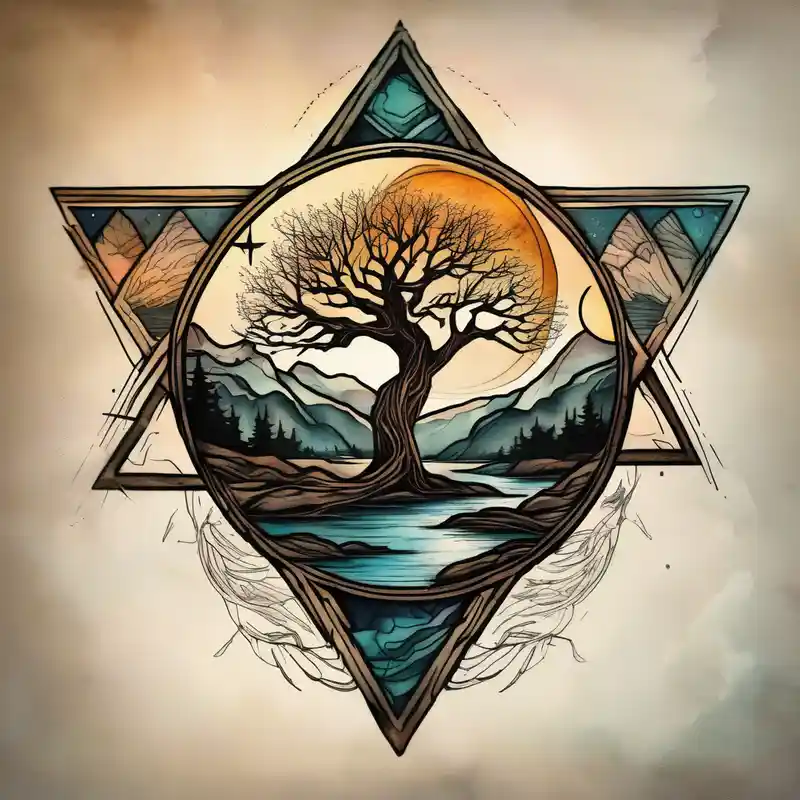 watercolor style Ideas de tatuajes de triángulos en 2025 about Oak tree by a flowing river with mountains and the sun and crescent moon in the background all inside of a geometric triangle. Some of the image will utilize negative space and Oak tree by a flowing river with mountains and the sun and crescent moon in the background all inside of a geometric triangle. Some of the image will utilize negative space