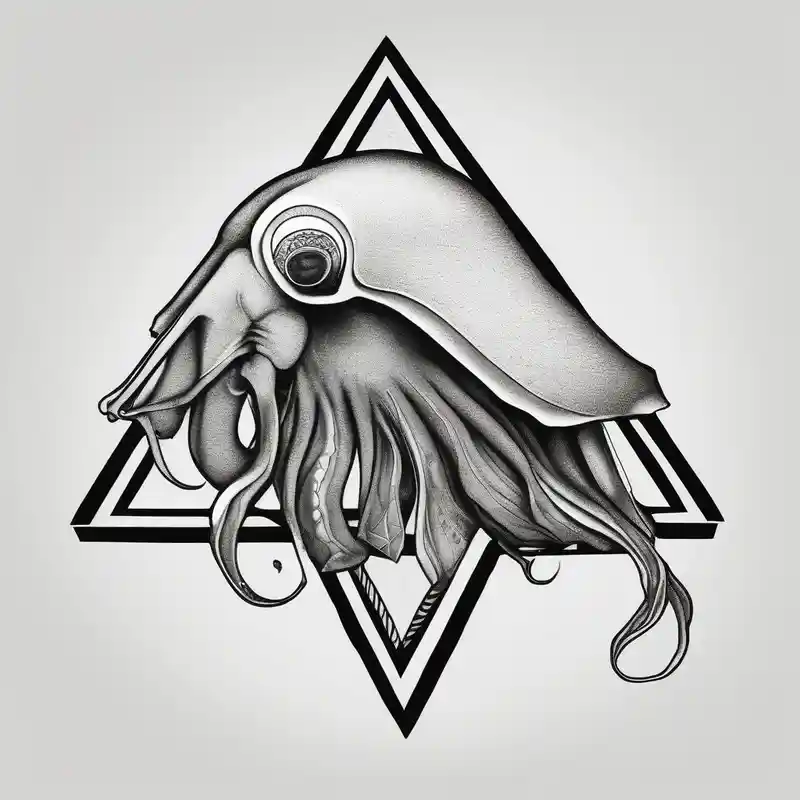 surreal style Triangle Tattoo Ideas in 2025 about profile cuttlefish with triangle shape in the background and profile cuttlefish with triangle shape in the background