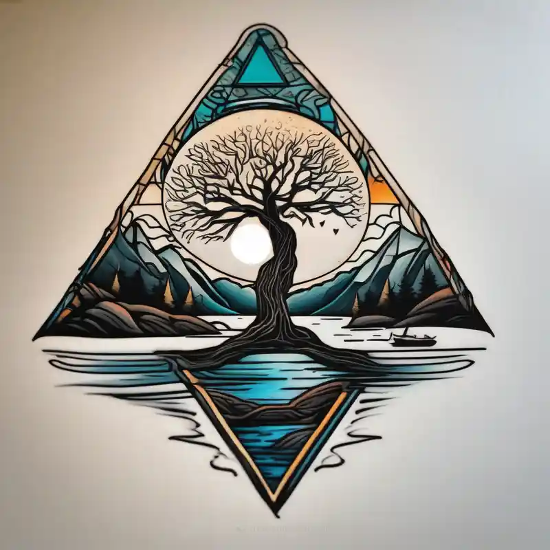 surreal style 2025年の幾何学的なメープルリーフのタトゥーのアイデア about Oak tree by a flowing river with mountains and the sun and crescent moon in the background all inside of a geometric triangle. Some of the image will utilize negative space and Oak tree by a flowing river with mountains and the sun and crescent moon in the background all inside of a geometric triangle. Some of the image will utilize negative space