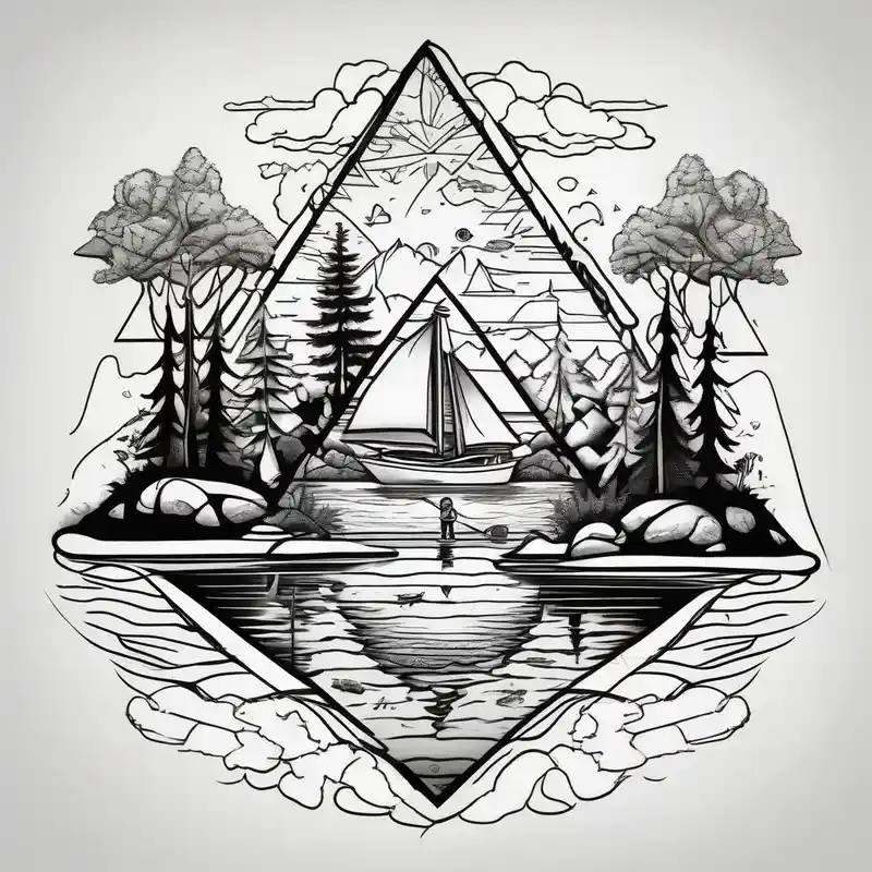 cartoon style Fishing Tattoo Ideas in 2025 about Triangular forearm tattoo set on a lake. At the bottom of the triangle there is a boat dock with a little boy fishing and a little girl reading. There are trees surrounding the lake. and Triangular forearm tattoo set on a lake. At the bottom of the triangle there is a boat dock with a little boy fishing and a little girl reading. There are trees surrounding the lake.