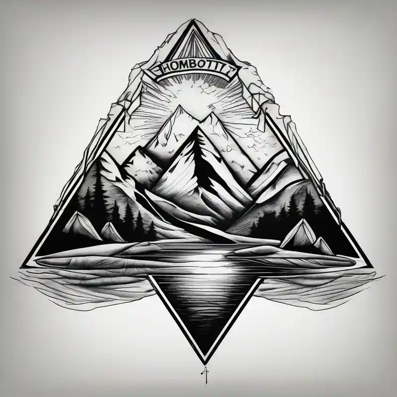 realistic style Idées de tatouages de triangle en 2025 about Mountains with the river running through it and a triangle around it with Humboldt at the top Mendocino  in the left corner and Trinity in the right and Mountains with the river running through it and a triangle around it with Humboldt at the top Mendocino  in the left corner and Trinity in the right