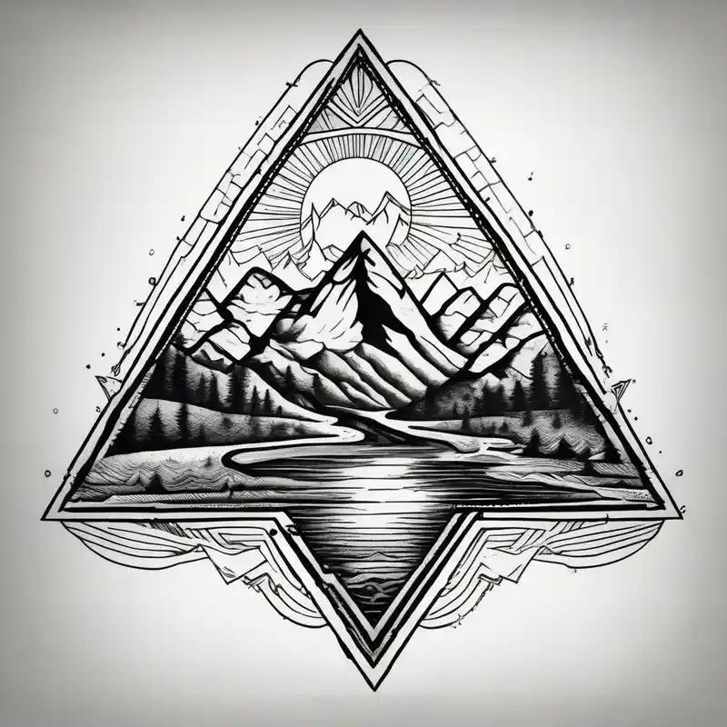 dotwork style Ideas de tatuajes de triángulos en 2025 about Mountains with the river running through it and a triangle around it with Humboldt at the top Mendocino  in the left corner and Trinity in the right and Mountains with the river running through it and a triangle around it with Humboldt at the top Mendocino  in the left corner and Trinity in the right