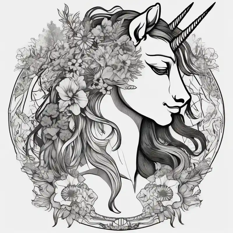 blackwork style Idées de tatouages de licorne en 2025 about Warrior princess Valkarie with unicorn and wildflowers half sleeve and Warrior princess Valkarie with unicorn and wildflowers half sleeve