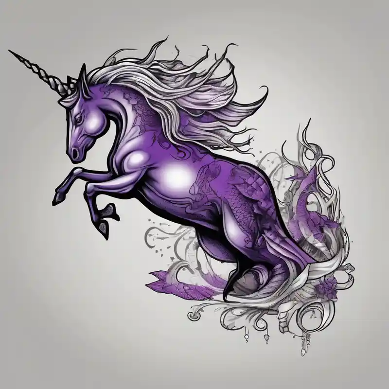 black and white style Idées de tatouages de licorne en 2025 about Purple fish riding a unicorn and Purple fish riding a unicorn