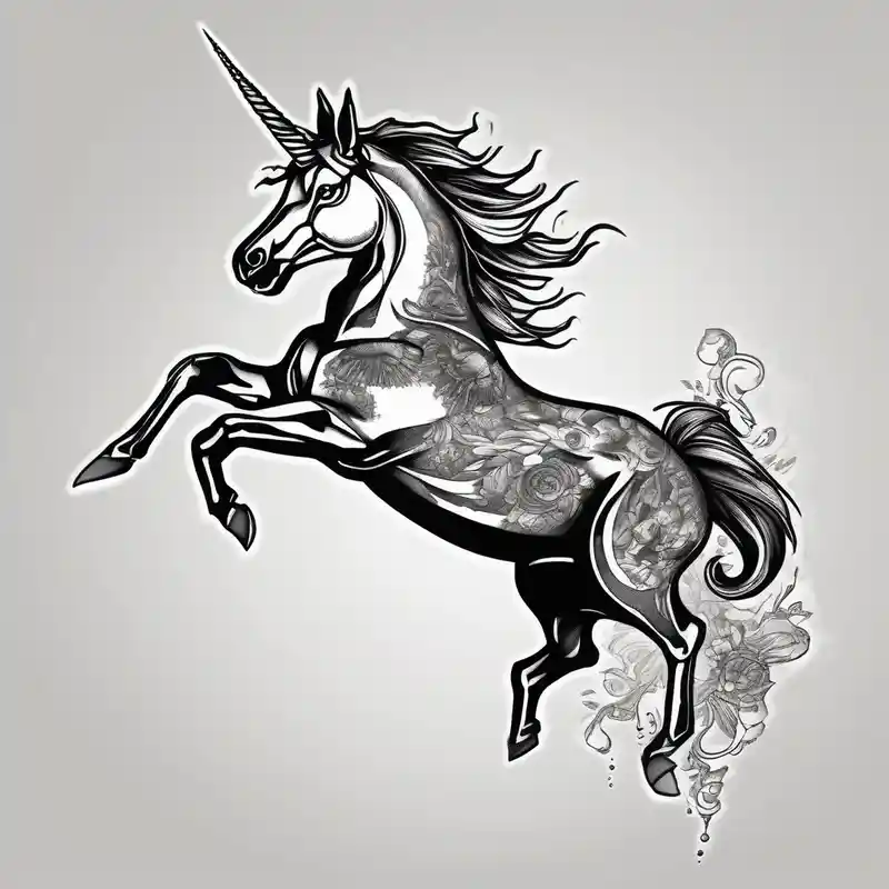 black and white style Idées de tatouages de licorne en 2025 about Unicorn jumping over a PENGUIN with the sun and Unicorn jumping over a PENGUIN with the sun