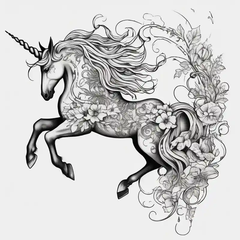 blackwork style Idées de tatouages de manches florales en 2025 about Floral mane – Unicorn with flowers and vines. and Floral mane – Unicorn with flowers and vines.