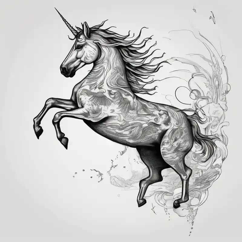 surreal style Unicorn Tattoo Ideas in 2025 about Unicorn jumping over a PENGUIN with the sun and Unicorn jumping over a PENGUIN with the sun