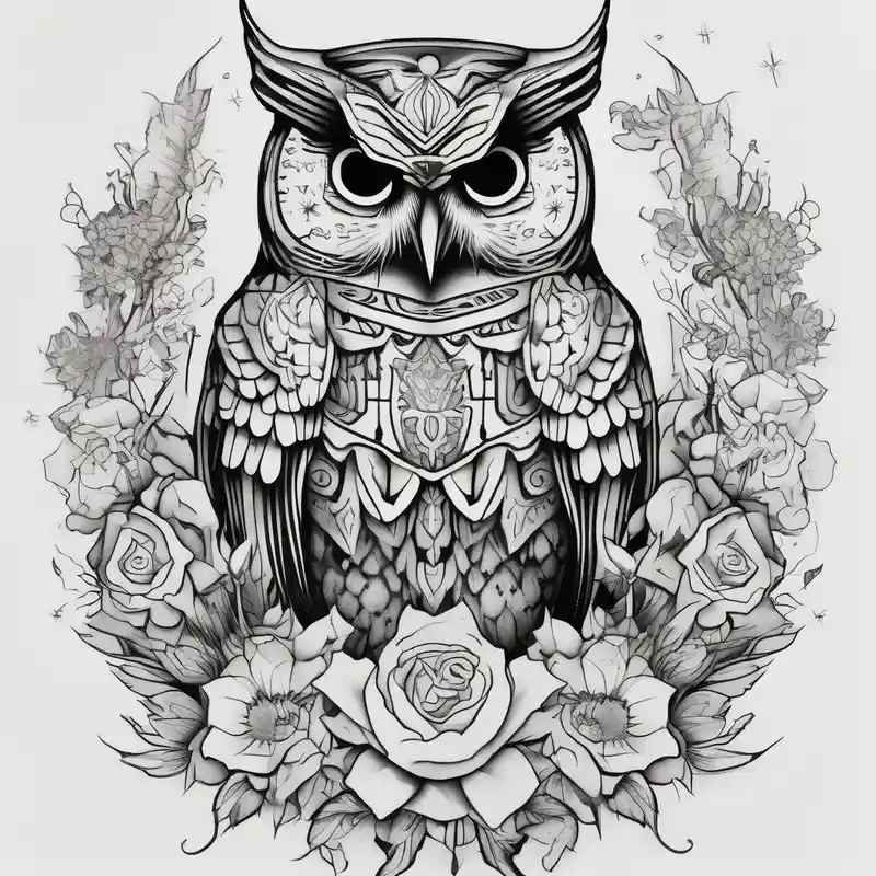 blackwork style Idées de tatouages de licorne en 2025 about Owl and wildflowers and unicorn and warrior princess half sleeve and Owl and wildflowers and unicorn and warrior princess half sleeve