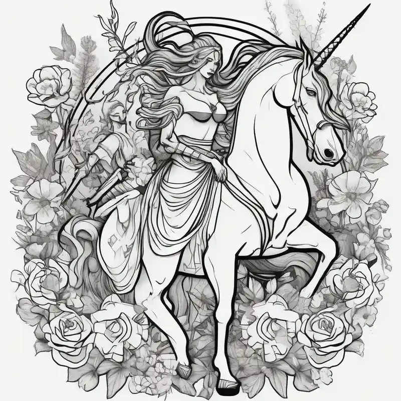 cartoon style Ideas de tatuajes de unicornio en 2025 about Warrior princess Valkarie with unicorn and wildflowers half sleeve and Warrior princess Valkarie with unicorn and wildflowers half sleeve