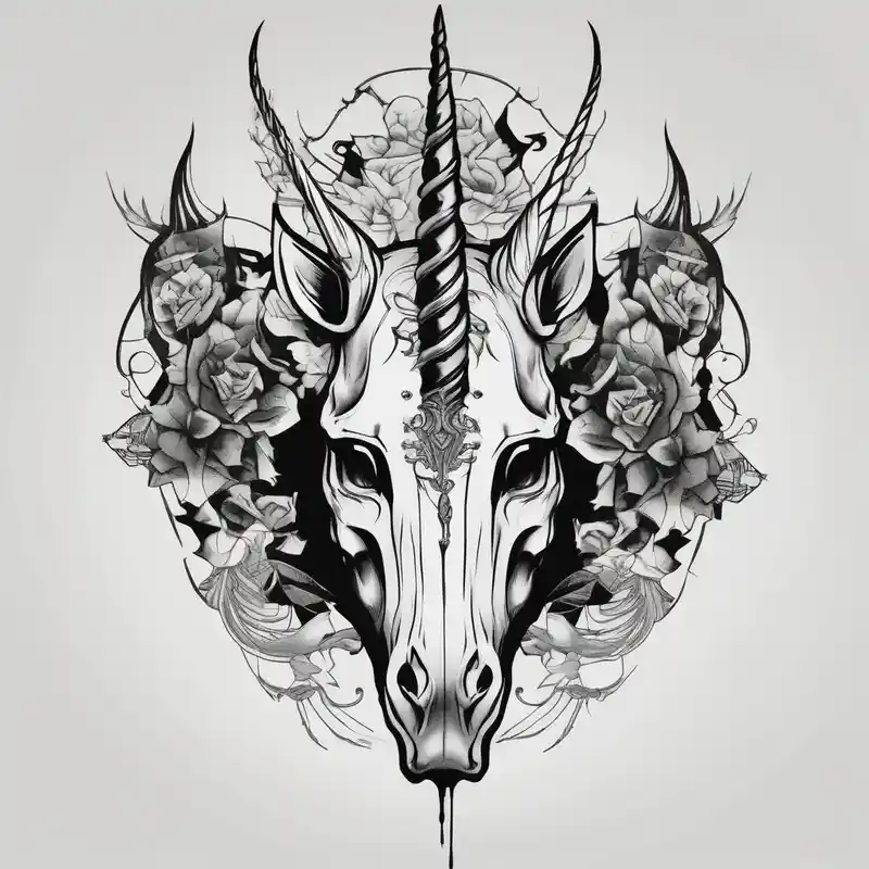 surreal style Unicorn Tattoo Ideas in 2025 about Unicorn skull – A dark twist with a skull and horn. and Unicorn skull – A dark twist with a skull and horn.