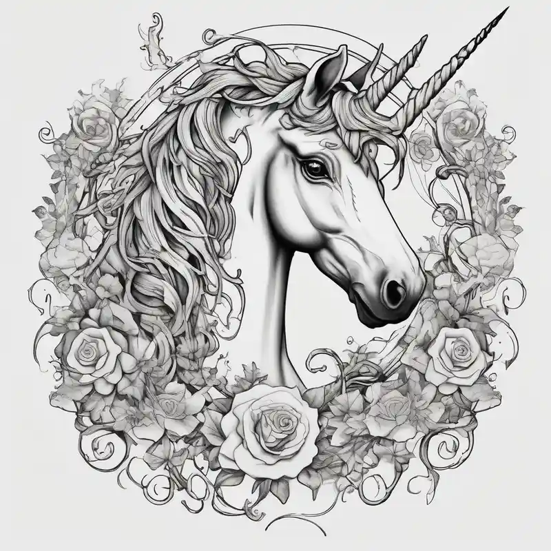 surreal style Idées de tatouages de manches florales en 2025 about Floral mane – Unicorn with flowers and vines. and Floral mane – Unicorn with flowers and vines.