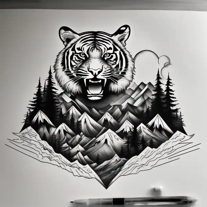 surreal style Ideas de tatuajes blancos en 2025 about forest mountains in color and tiger shark in black and white white-ink and forest mountains in color and tiger shark in black and white white-ink