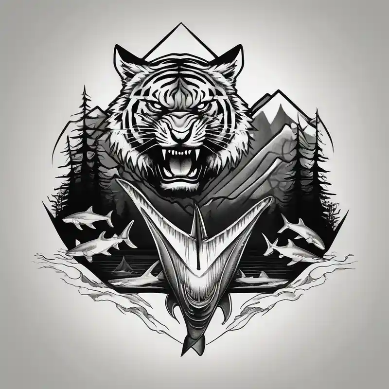 black and white style Idées de tatouages blancs en 2025 about forest mountains in color and tiger shark in black and white white-ink and forest mountains in color and tiger shark in black and white white-ink