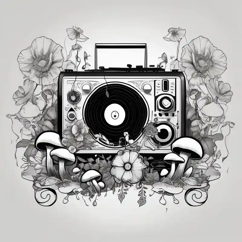 black and white style Mushroom Tattoo Ideas in 2025 about black and white vinyl record player with mushrooms and flowers