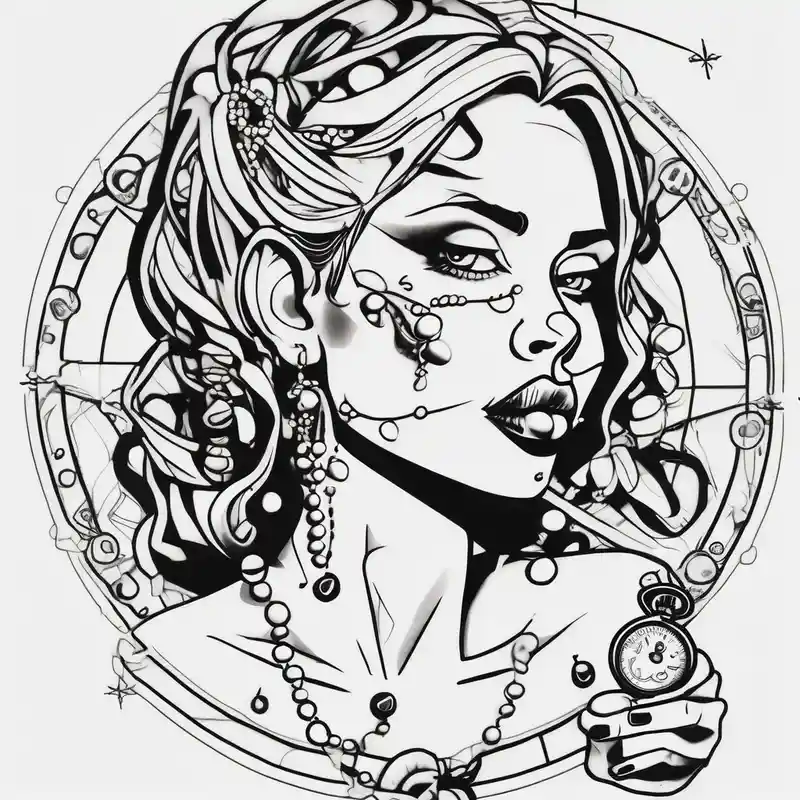 cartoon style Compass Tattoo Designs and Meanings about Profile of woman with messy face and hand on chin