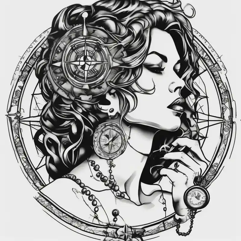 old school style Compass Tattoo Designs and Meanings about Profile of woman with messy hair and hand on chin