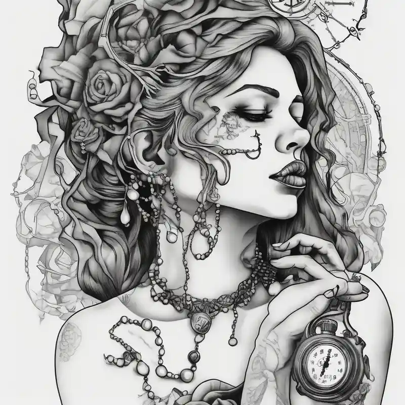 surreal style Compass Tattoo Designs and Meanings about Profile of woman with messy face and hand on chin