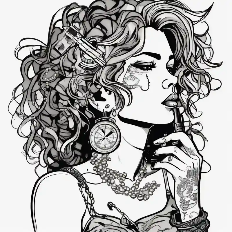 cartoon style Compass Tattoo Designs and Meanings about Profile of woman with messy hair and hand on chin