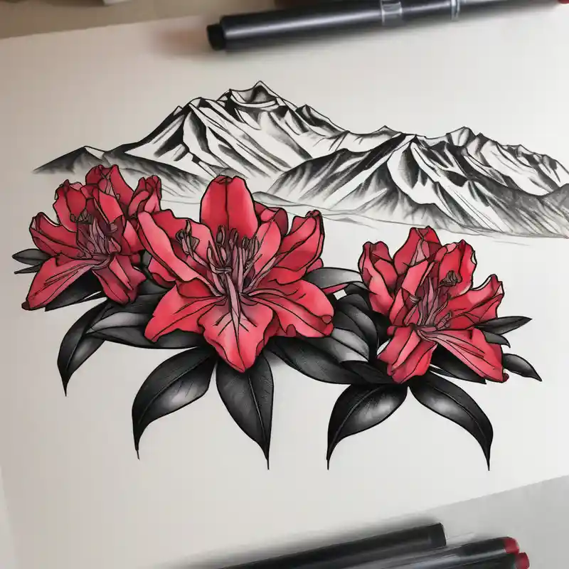 sketch style Tatouages de poignet pour femmes : idées de tatouages en 2025 about wrap around entire wrist red  and black rhododendron trippy with Himalayas behind wrist-for-women and wrap around entire wrist red  and black rhododendron trippy with Himalayas behind wrist-for-women