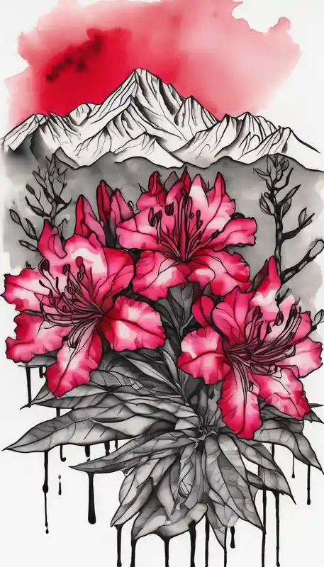 watercolor style Idées de tatouages à l'encre rouge en 2025 about vertical wrist size red  and black rhododendron trippy with Himalayas behind wrist-for-women and vertical wrist size red  and black rhododendron trippy with Himalayas behind wrist-for-women