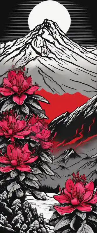 blackwork style Black Tattoo Ink Tattoo Ideas in 2025 about vertical wrist size red  and black rhododendron trippy with Himalayas behind wrist-for-women and vertical wrist size red  and black rhododendron trippy with Himalayas behind wrist-for-women