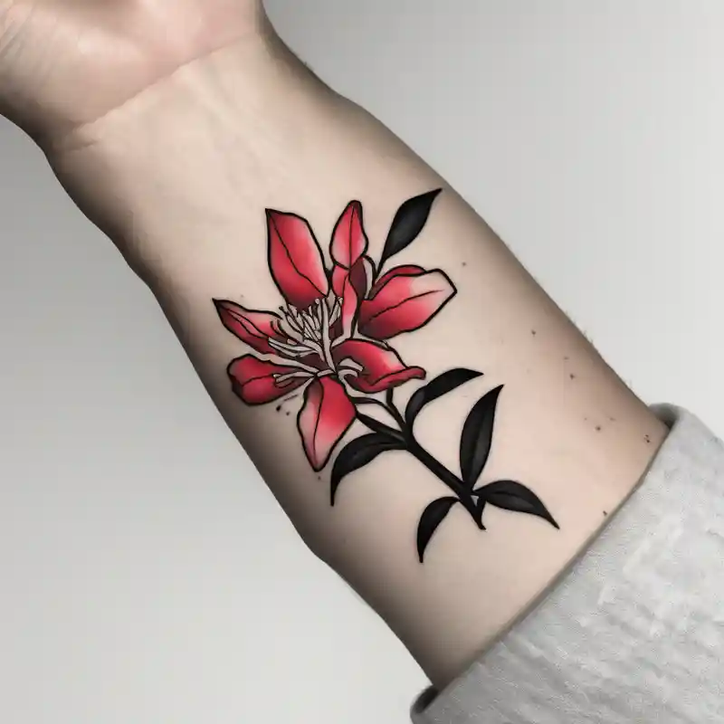 minimalist style Tatouage avec des idées de tatouages pour femmes en 2025 about wrap around entire wrist red  and black rhododendron trippy with Himalayas behind wrist-for-women and wrap around entire wrist red  and black rhododendron trippy with Himalayas behind wrist-for-women